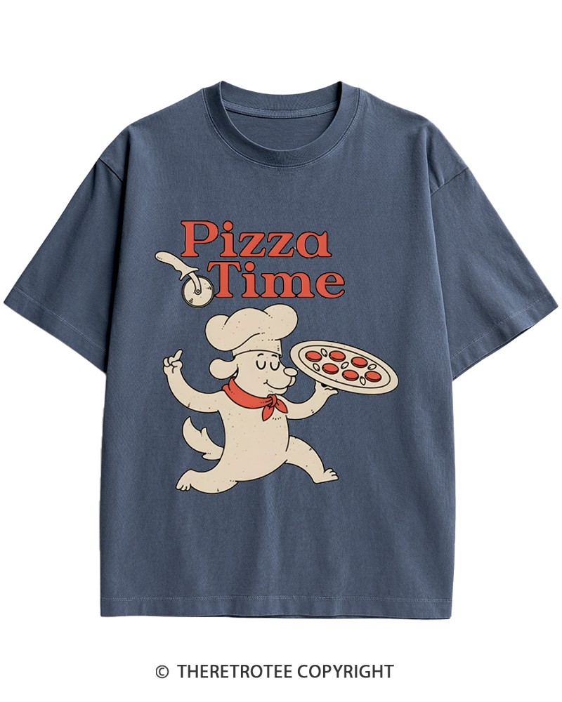 TheRetroTee Happy Dog Pizza Time 1970s Heavy Cotton T-Shirt