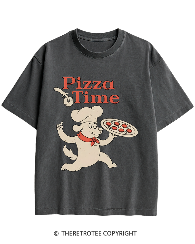 TheRetroTee Happy Dog Pizza Time 1970s Heavy Cotton T-Shirt