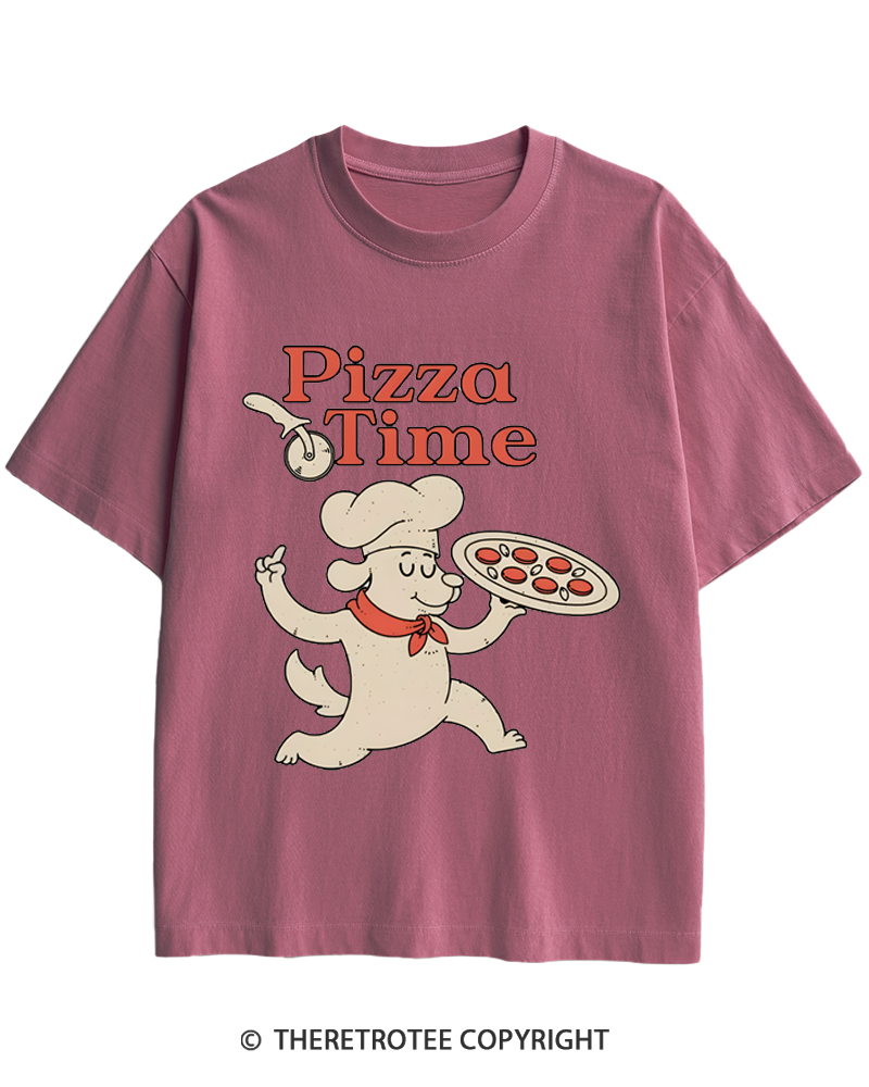 TheRetroTee Happy Dog Pizza Time 1970s Heavy Cotton T-Shirt