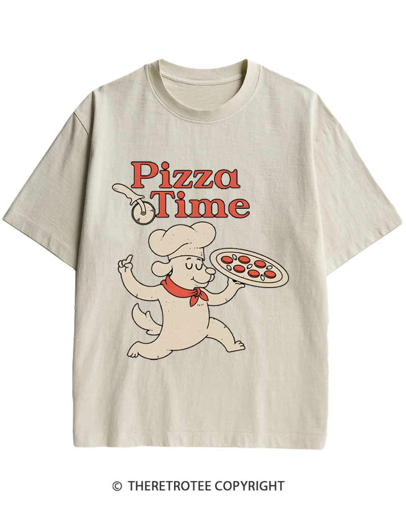 TheRetroTee Happy Dog Pizza Time 1970s Heavy Cotton T-Shirt