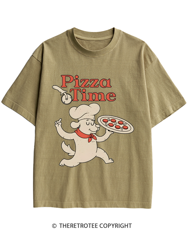TheRetroTee Happy Dog Pizza Time 1970s Heavy Cotton T-Shirt