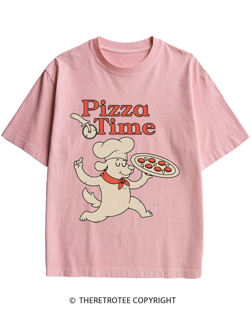 TheRetroTee Happy Dog Pizza Time 1970s Heavy Cotton T-Shirt