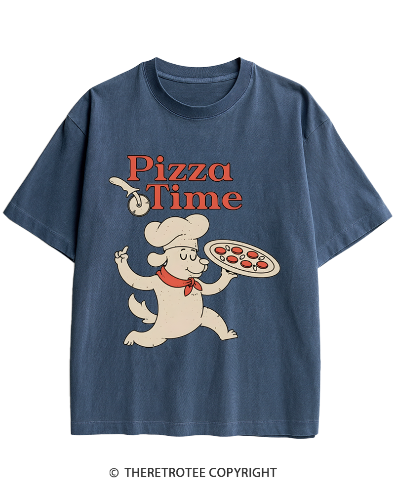 TheRetroTee Happy Dog Pizza Time 1970s Heavy Cotton T-Shirt