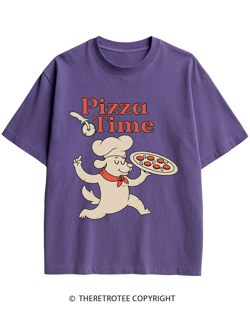 TheRetroTee Happy Dog Pizza Time 1970s Heavy Cotton T-Shirt