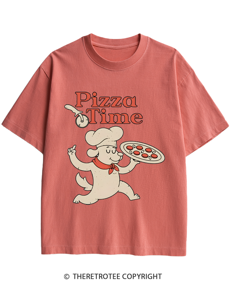 TheRetroTee Happy Dog Pizza Time 1970s Heavy Cotton T-Shirt