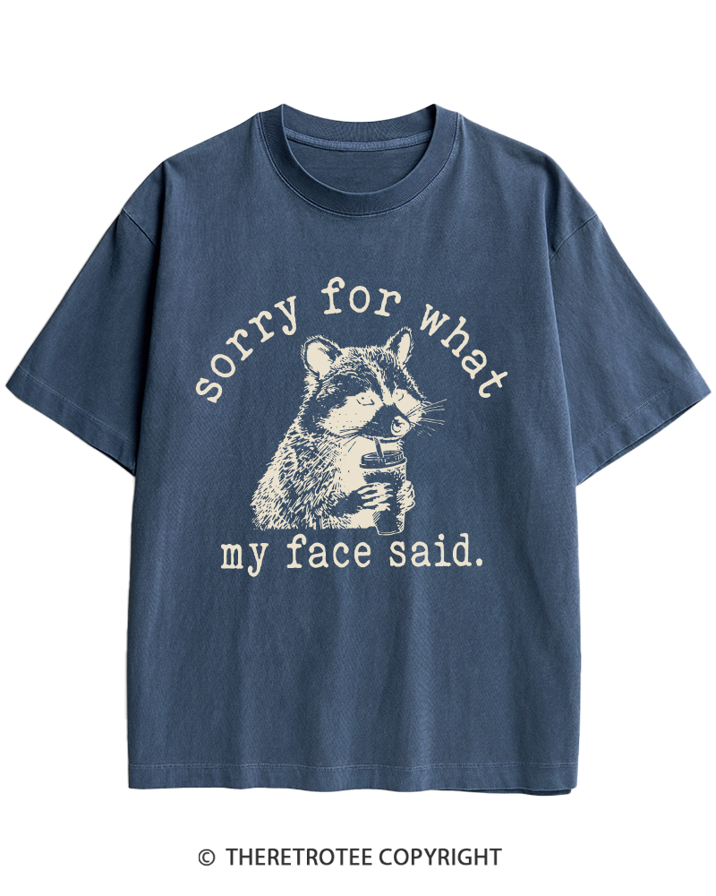 TheRetroTee Sorry For What My Face Said Raccoon 1970s Heavy Cotton T-Shirt