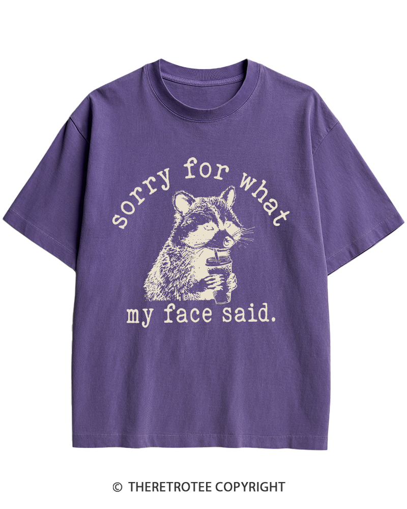 TheRetroTee Sorry For What My Face Said Raccoon 1970s Heavy Cotton T-Shirt