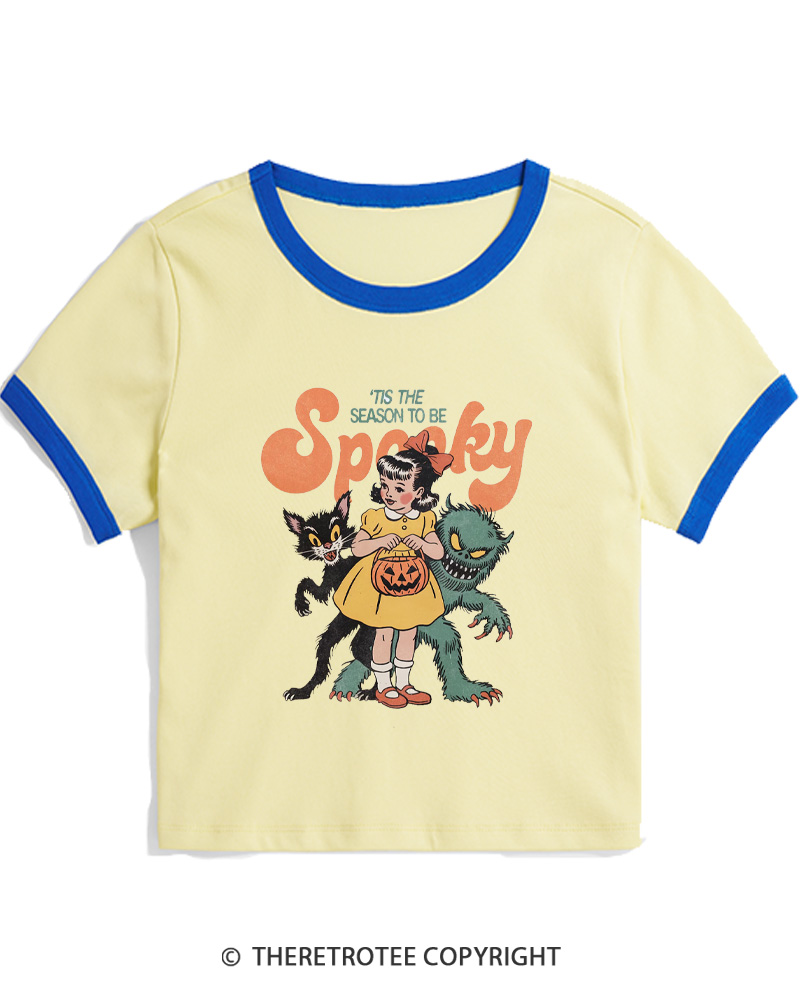 TheRetroTee Tis The Season To Be Spooky Halloween 1950s Women Ringer T-shirt