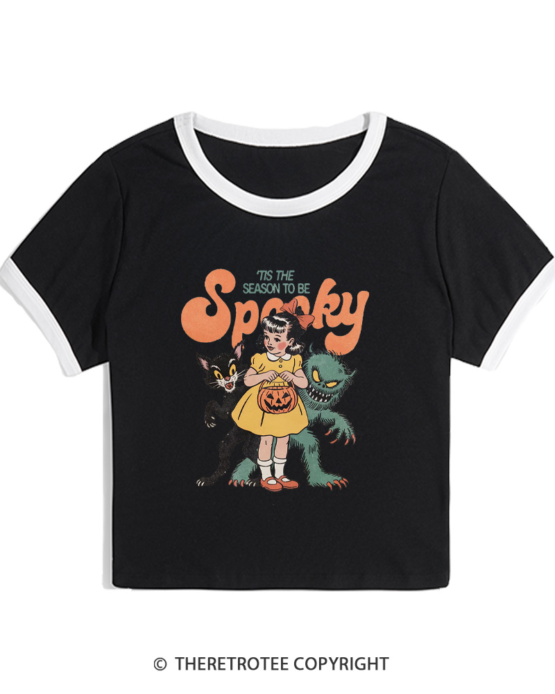 TheRetroTee Tis The Season To Be Spooky Halloween 1950s Women Ringer T-shirt