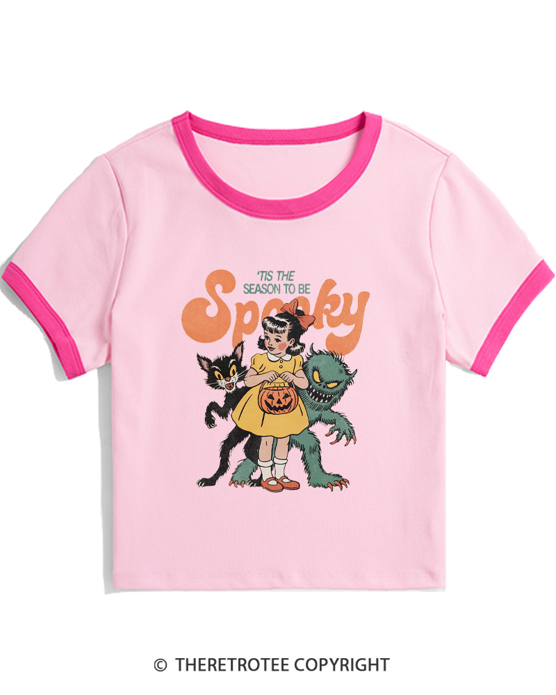 TheRetroTee Tis The Season To Be Spooky Halloween 1950s Women Ringer T-shirt