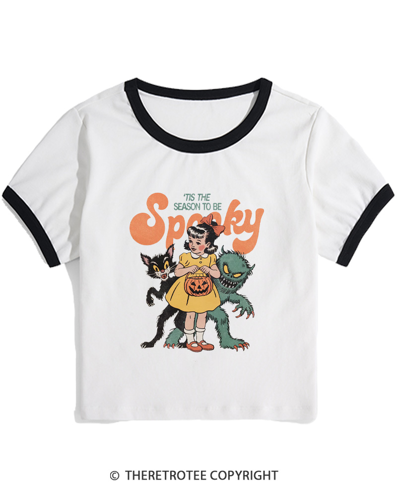 TheRetroTee Tis The Season To Be Spooky Halloween 1950s Women Ringer T-shirt