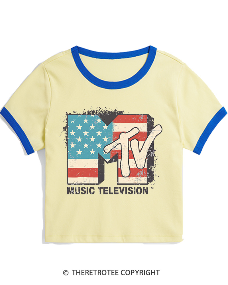 TheRetroTee American Flag Logo 1980s Women's Ringer T-shirt