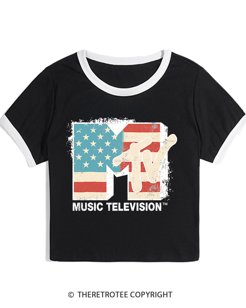 TheRetroTee American Flag Logo 1980s Women's Ringer T-shirt