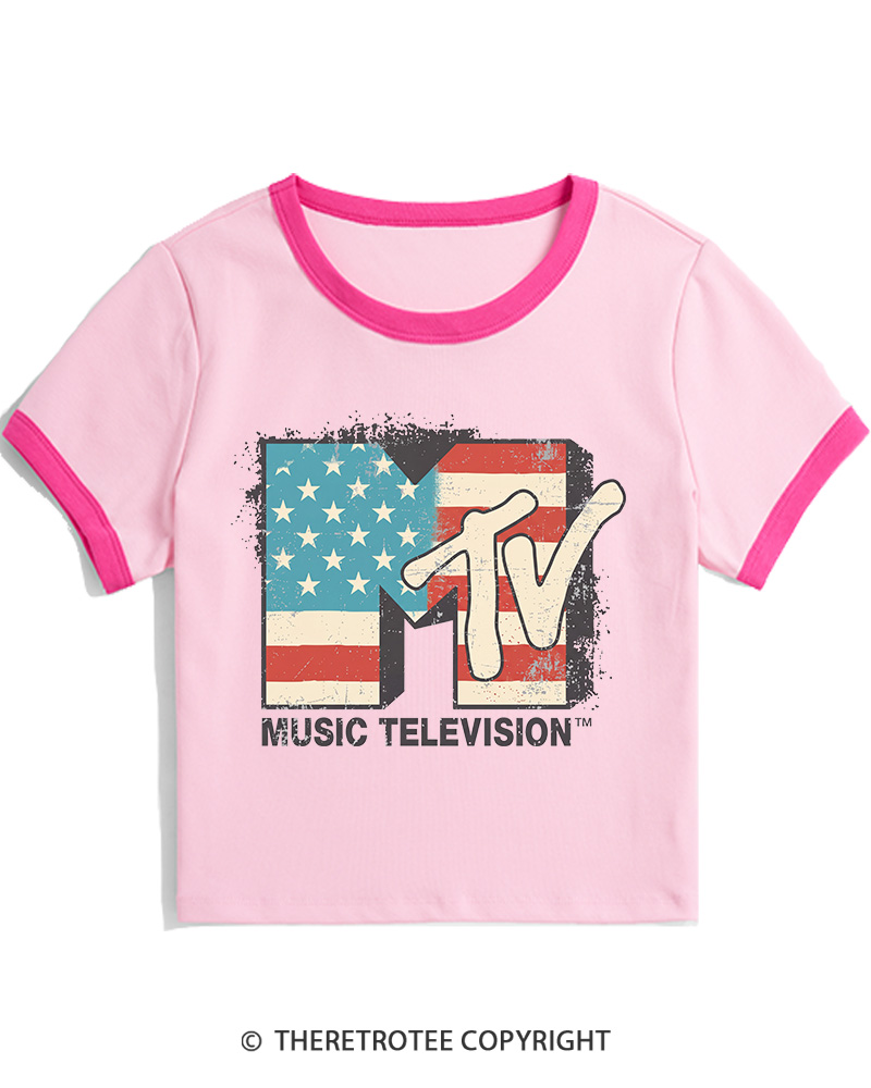 TheRetroTee American Flag Logo 1980s Women's Ringer T-shirt