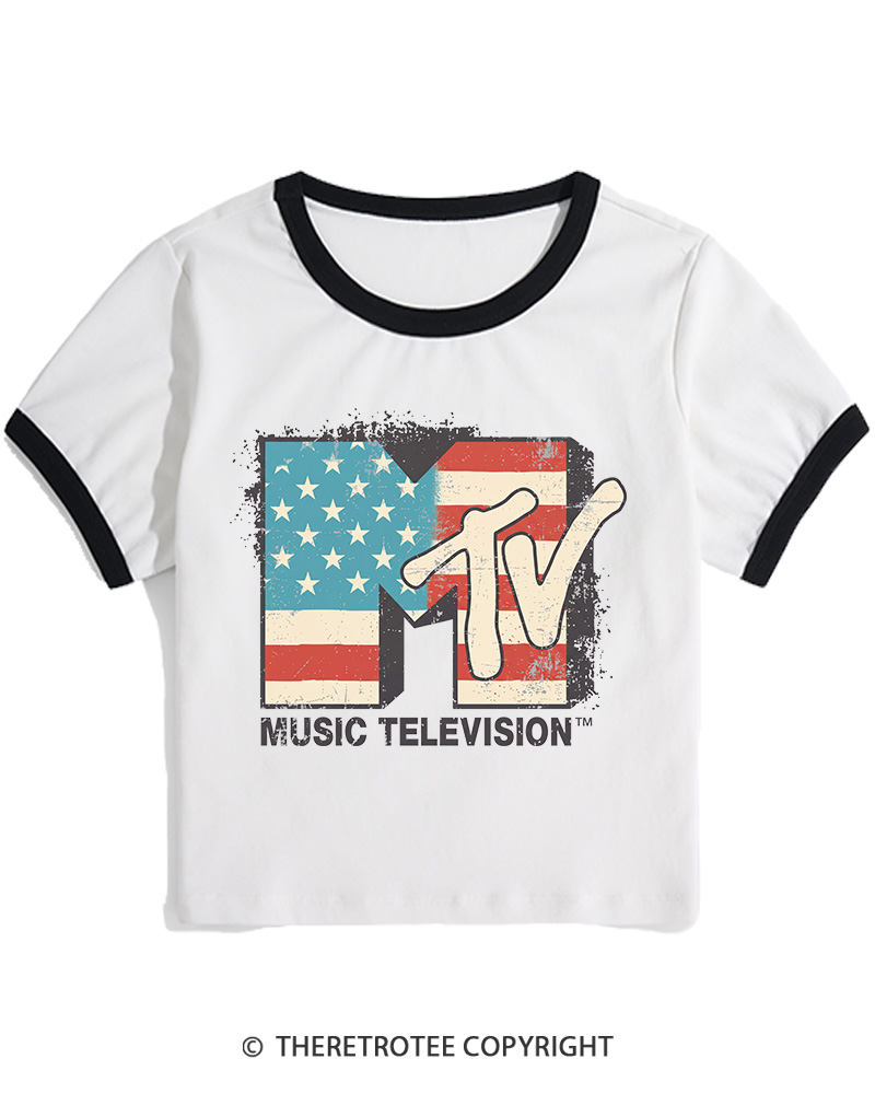 TheRetroTee American Flag Logo 1980s Women's Ringer T-shirt