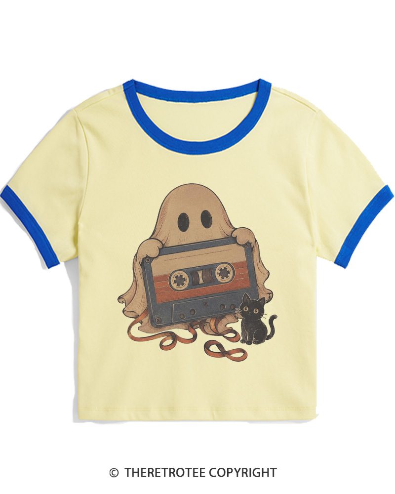 TheRetroTee Ghost Cassette Tape Halloween 1980s Women Ringer T-shirt