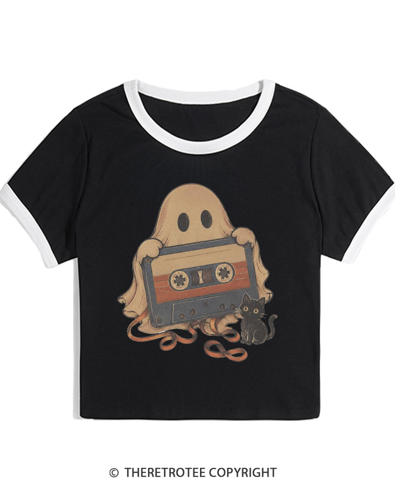 TheRetroTee Ghost Cassette Tape Halloween 1980s Women Ringer T-shirt