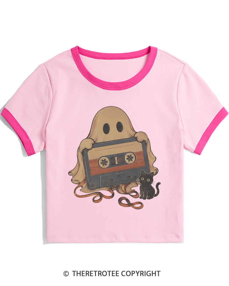 TheRetroTee Ghost Cassette Tape Halloween 1980s Women Ringer T-shirt