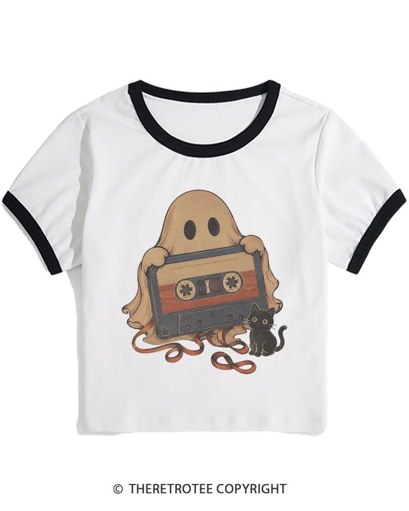 TheRetroTee Ghost Cassette Tape Halloween 1980s Women Ringer T-shirt