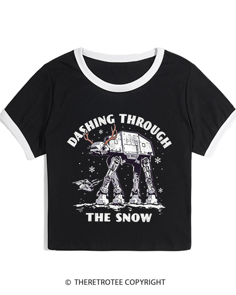 TheRetroTee Dashing Through The Snow 1980s Christmas Women Ringer T-shirt