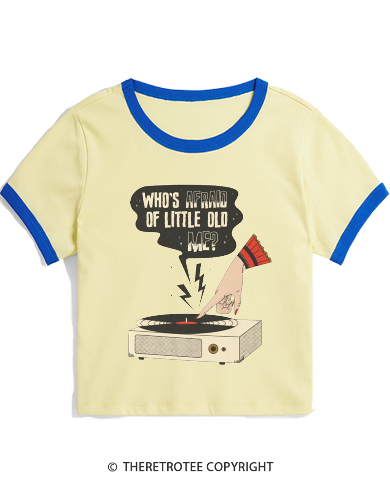 TheRetroTee Who's Afraid Of Little Old Me 1970s Women Ringer T-shirt
