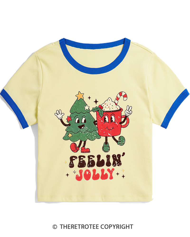 TheRetroTee Feelin’ Jolly 1970s Christmas Women Ringer T-shirt