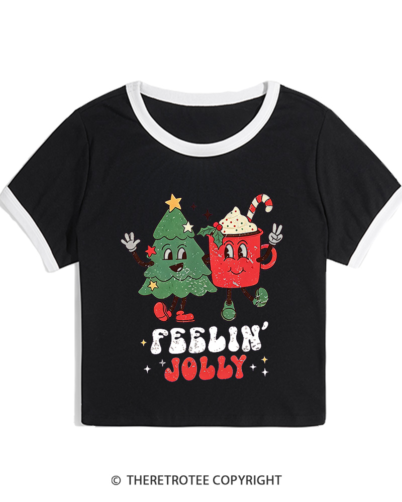 TheRetroTee Feelin’ Jolly 1970s Christmas Women Ringer T-shirt