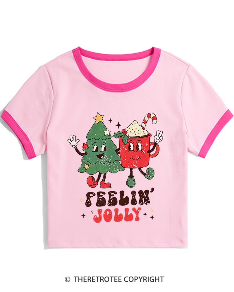 TheRetroTee Feelin’ Jolly 1970s Christmas Women Ringer T-shirt