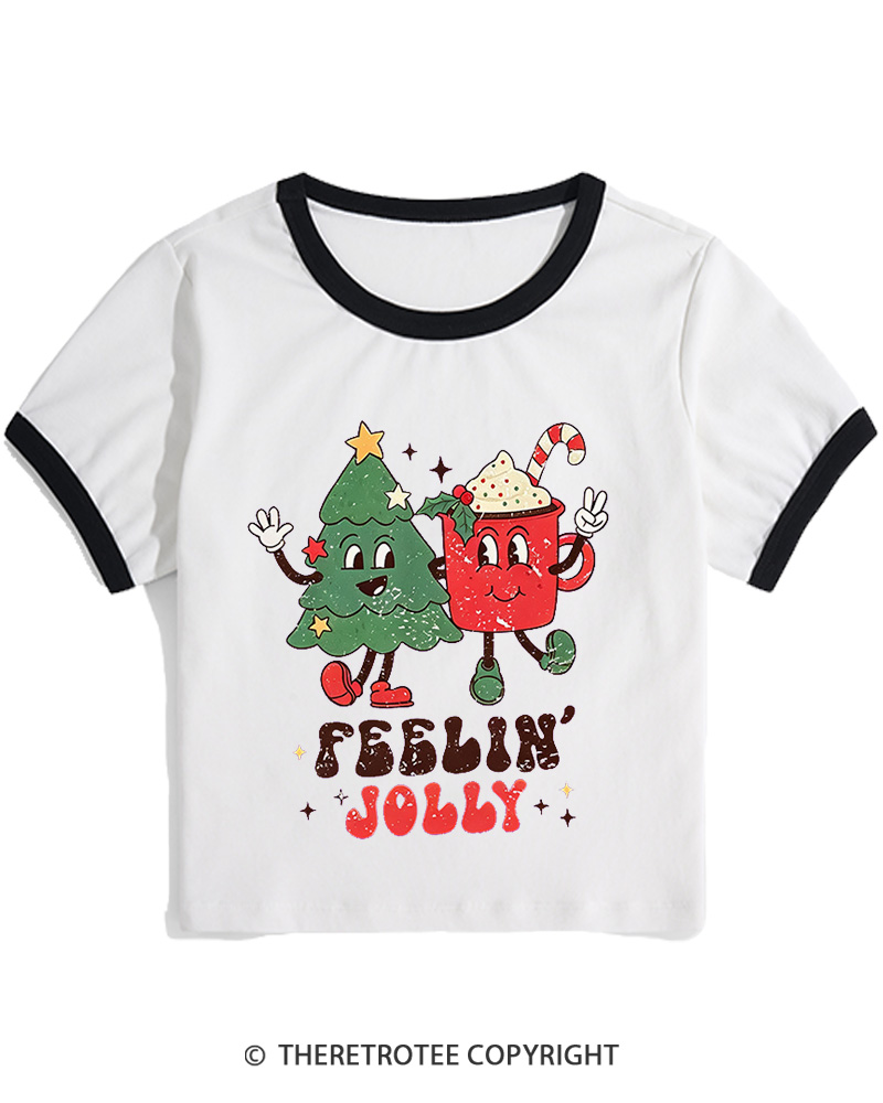 TheRetroTee Feelin’ Jolly 1970s Christmas Women Ringer T-shirt