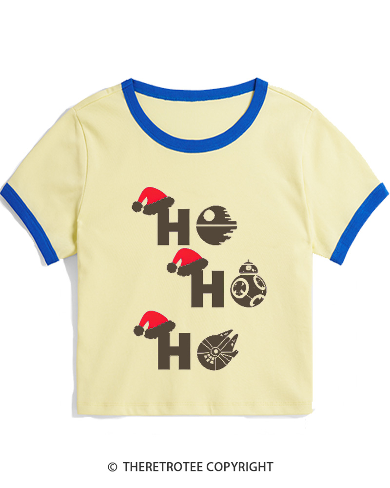 TheRetroTee Ho Ho Ho 1980s Christmas Women Ringer T-shirt