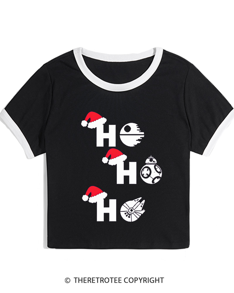 TheRetroTee Ho Ho Ho 1980s Christmas Women Ringer T-shirt