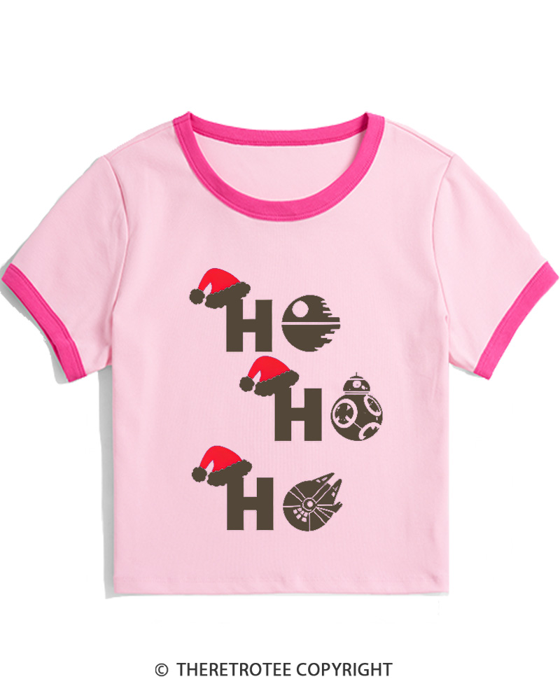 TheRetroTee Ho Ho Ho 1980s Christmas Women Ringer T-shirt