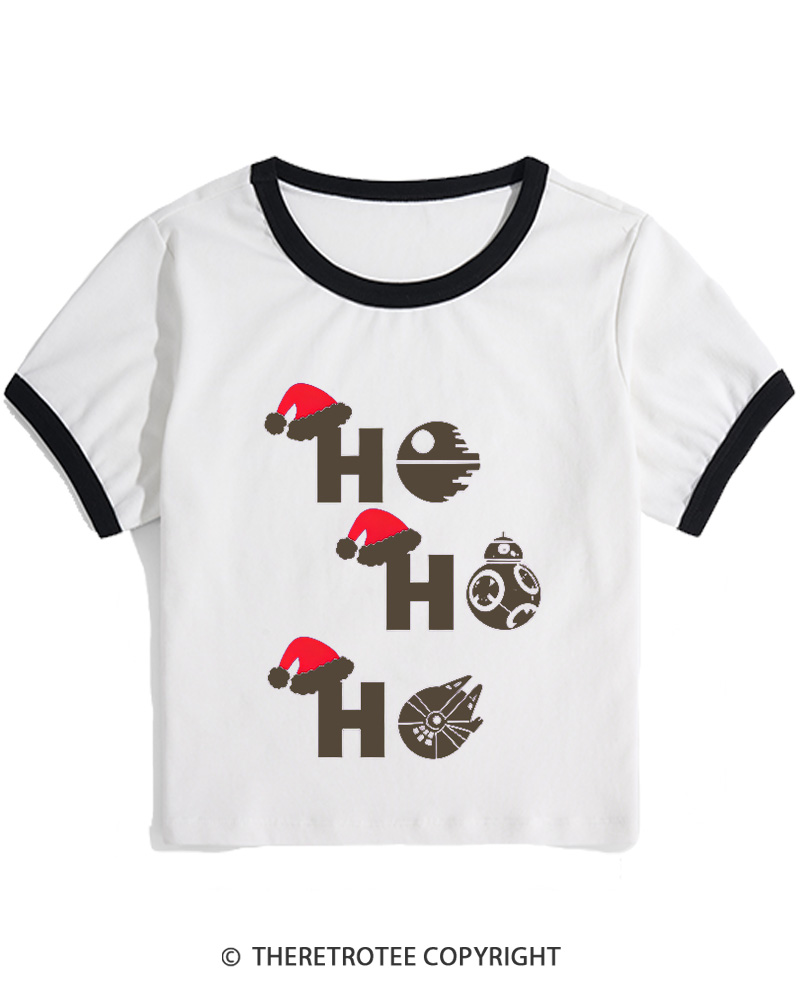 TheRetroTee Ho Ho Ho 1980s Christmas Women Ringer T-shirt