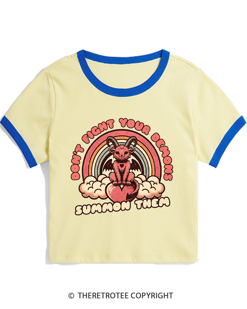 TheRetroTee Don't Fight Your Demons Summon Them 1990s Women's Ringer T-shirt