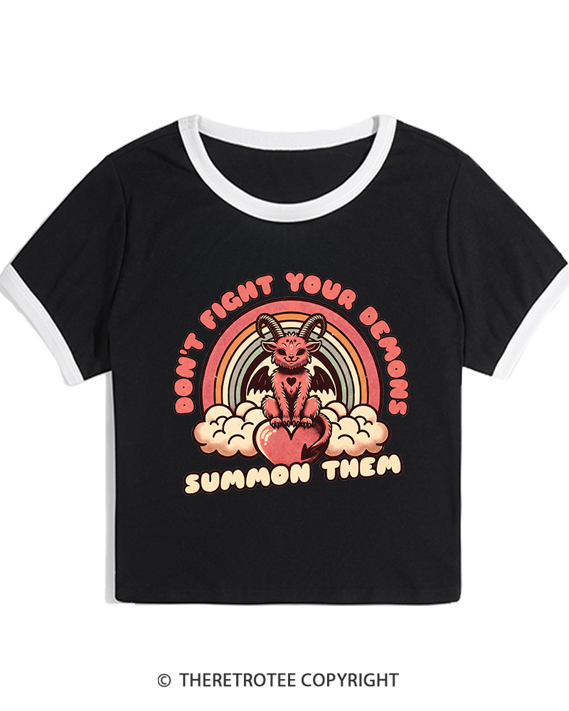 TheRetroTee Don't Fight Your Demons Summon Them 1990s Women's Ringer T-shirt