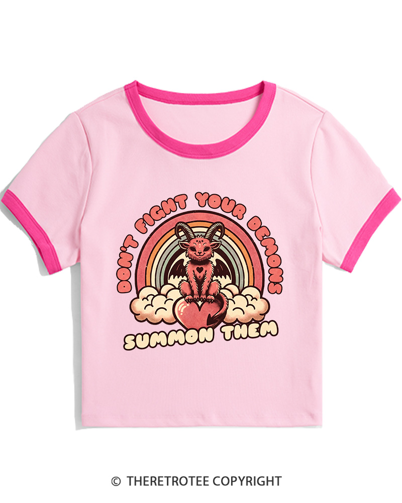 TheRetroTee Don't Fight Your Demons Summon Them 1990s Women's Ringer T-shirt