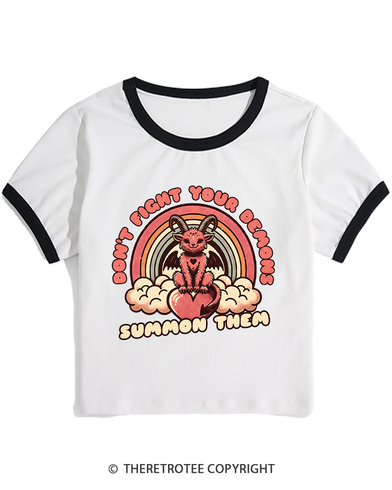 TheRetroTee Don't Fight Your Demons Summon Them 1990s Women's Ringer T-shirt