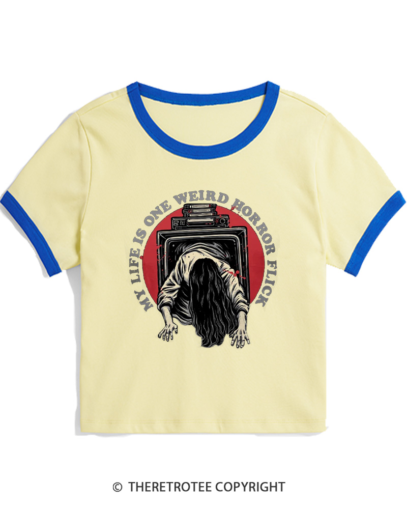 TheRetroTee My Life Is One Weird Horror Flick 1980s Women Ringer T-shirt