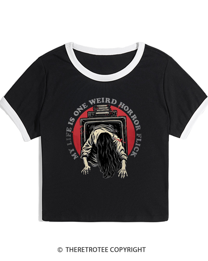 TheRetroTee My Life Is One Weird Horror Flick 1980s Women Ringer T-shirt
