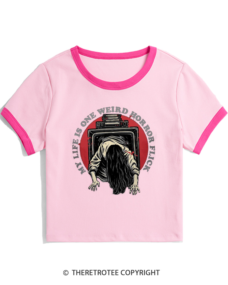 TheRetroTee My Life Is One Weird Horror Flick 1980s Women Ringer T-shirt
