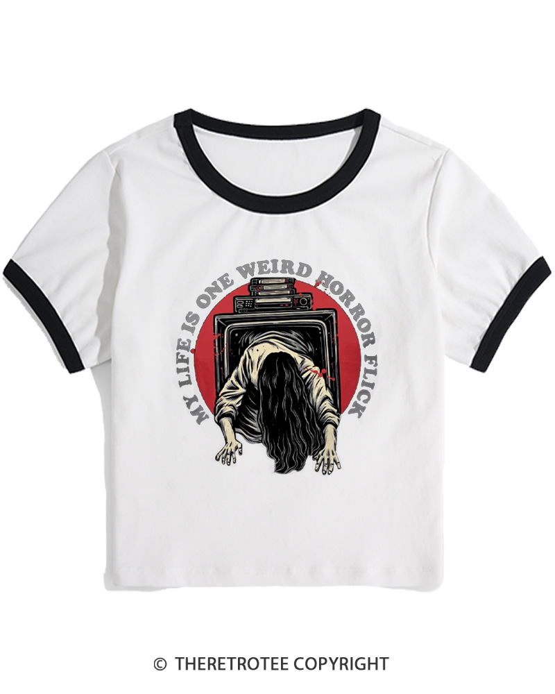 TheRetroTee My Life Is One Weird Horror Flick 1980s Women Ringer T-shirt