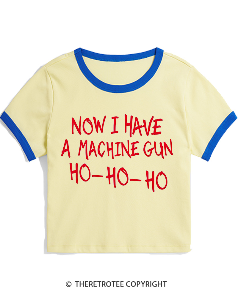 TheRetroTee Now I Have A Machine Gun Ho-Ho-Ho 1980s Christmas Women Ringer T-shirt