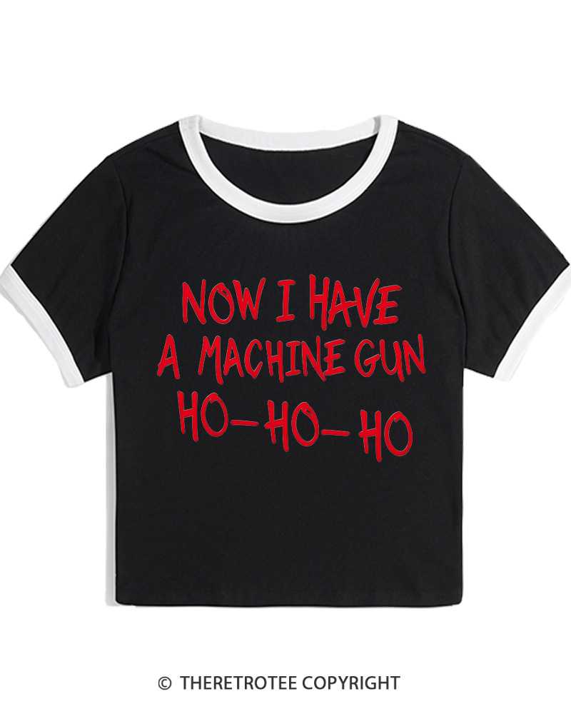 TheRetroTee Now I Have A Machine Gun Ho-Ho-Ho 1980s Christmas Women Ringer T-shirt