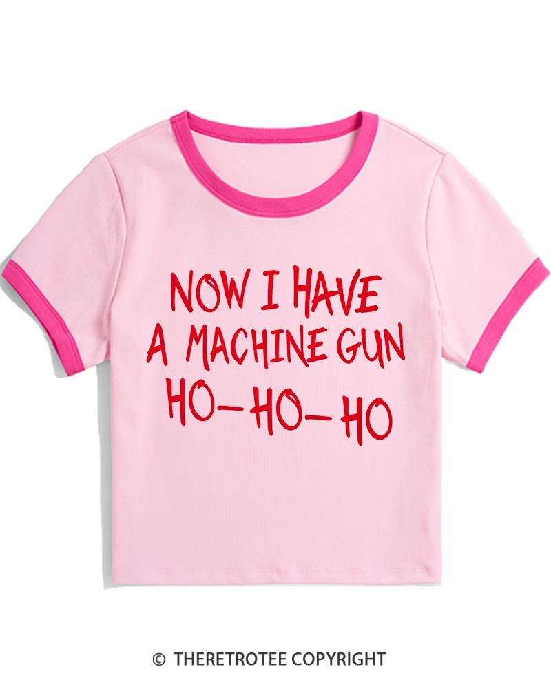 TheRetroTee Now I Have A Machine Gun Ho-Ho-Ho 1980s Christmas Women Ringer T-shirt
