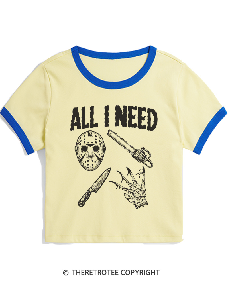 TheRetroTee All I Need Halloween 1980s Women Ringer T-shirt
