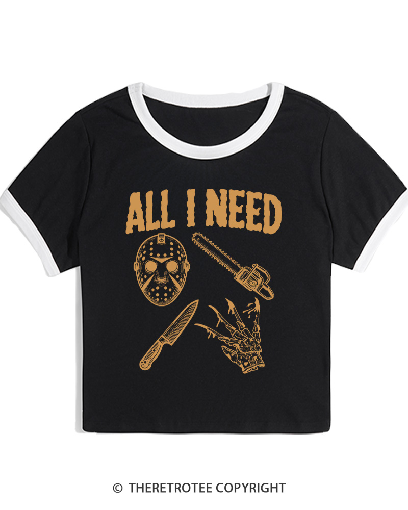 TheRetroTee All I Need Halloween 1980s Women Ringer T-shirt