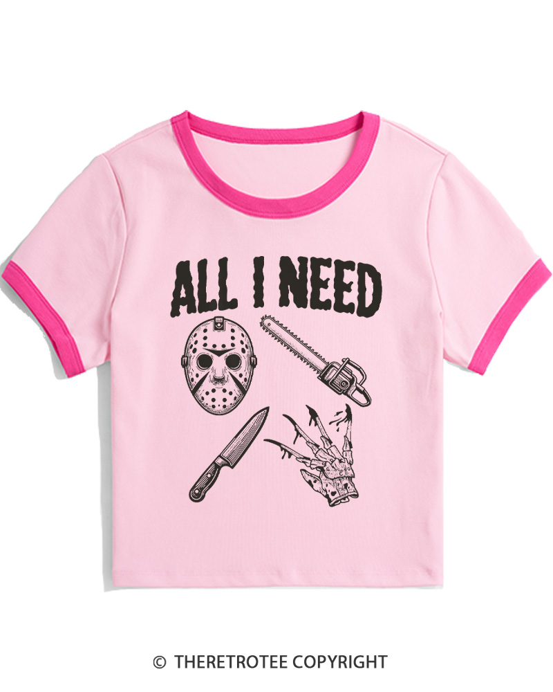 TheRetroTee All I Need Halloween 1980s Women Ringer T-shirt