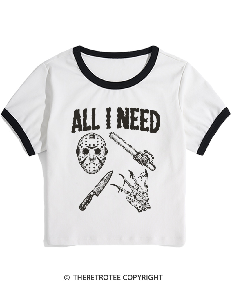 TheRetroTee All I Need Halloween 1980s Women Ringer T-shirt