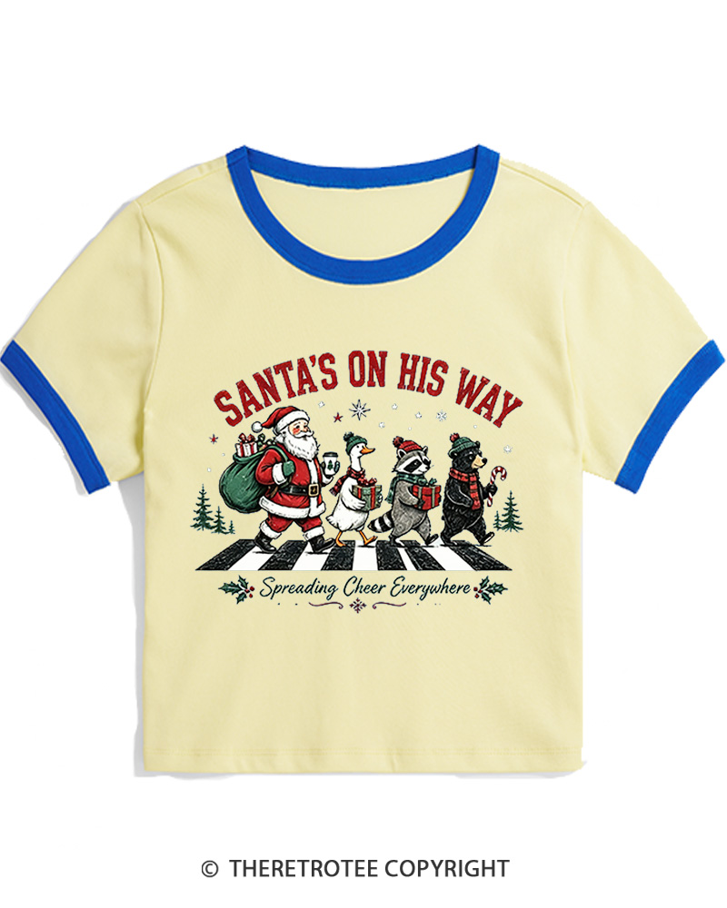 TheRetroTee Santa’s On His Way 1960s Christmas Women Ringer T-shirt
