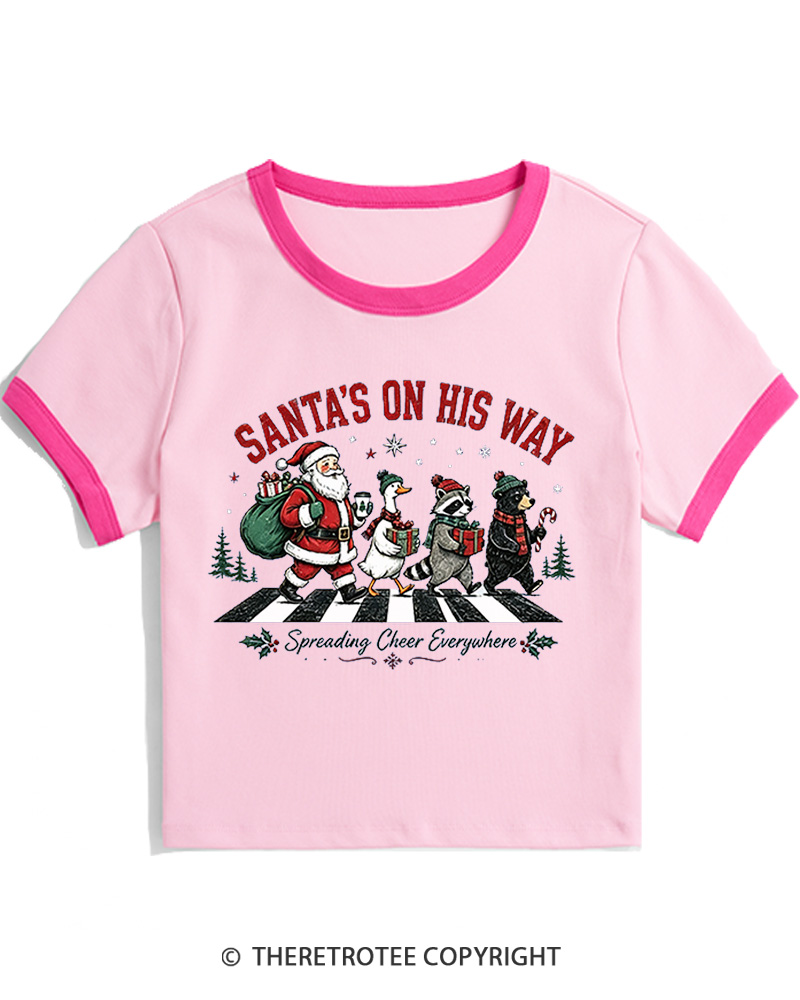 TheRetroTee Santa’s On His Way 1960s Christmas Women Ringer T-shirt